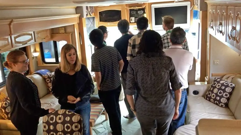 Xantrex employees touring the inside of our motorhome