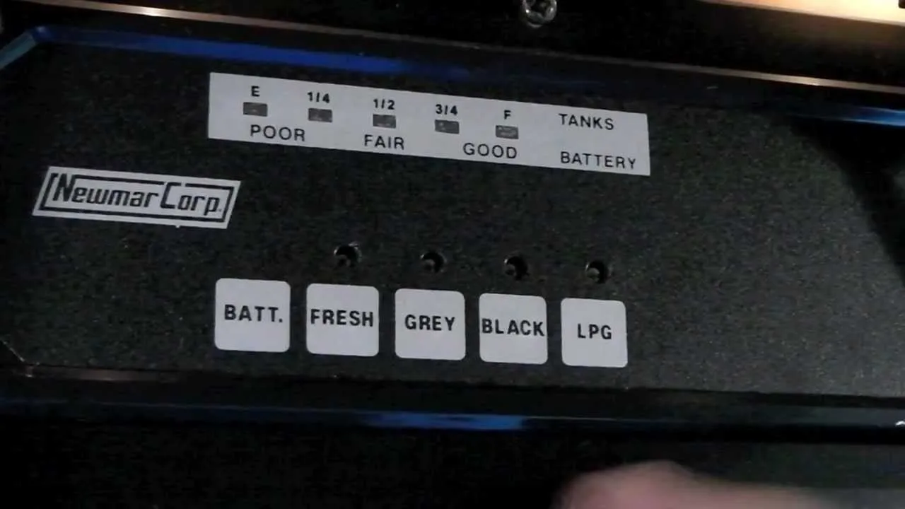 A wall-mounted panel with monitors showing how full holding tanks are, including the RV black water tank.