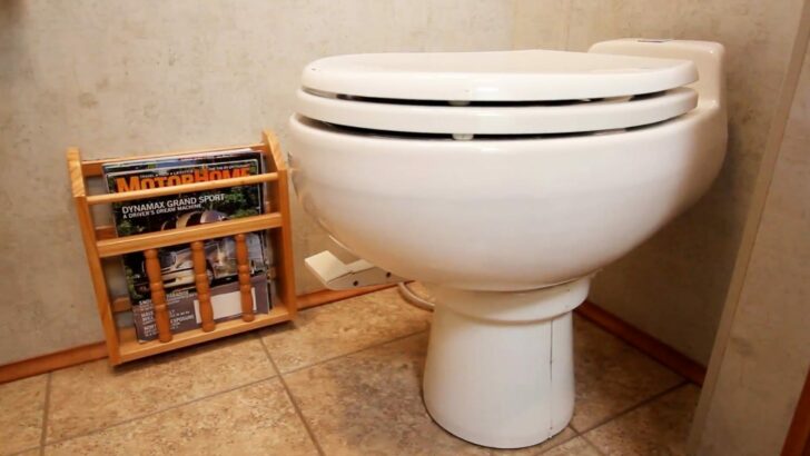 A traditional RV toilet with foot pedal flush