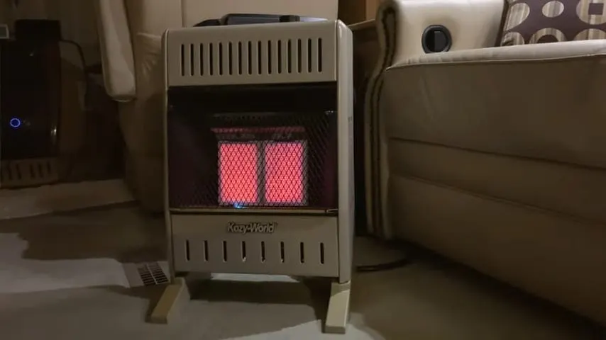 A small portable propane-fueled space heater in the living room of our RV