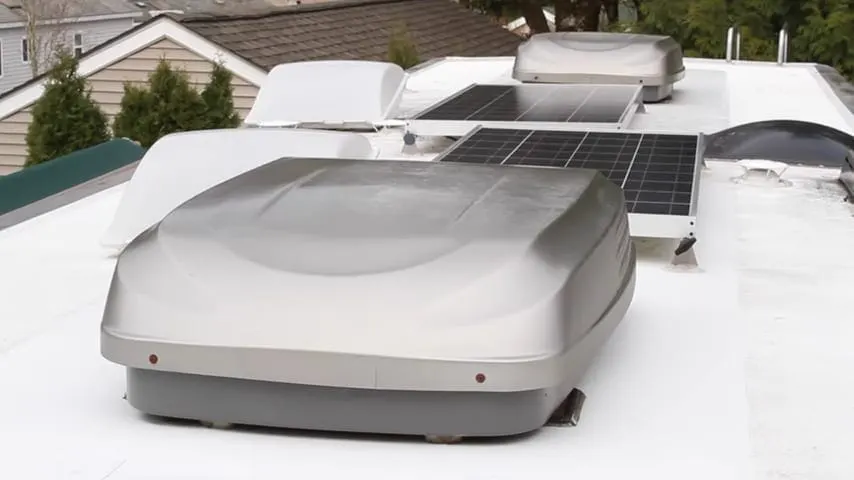 An RV heat pump sits on the roof of your RV.