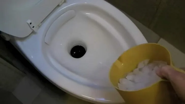 Pouring ice cubes into an RV toilet
