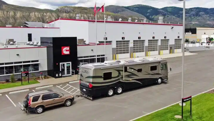 Our RV in front of Cummins Coach Care in Kamloops, BC