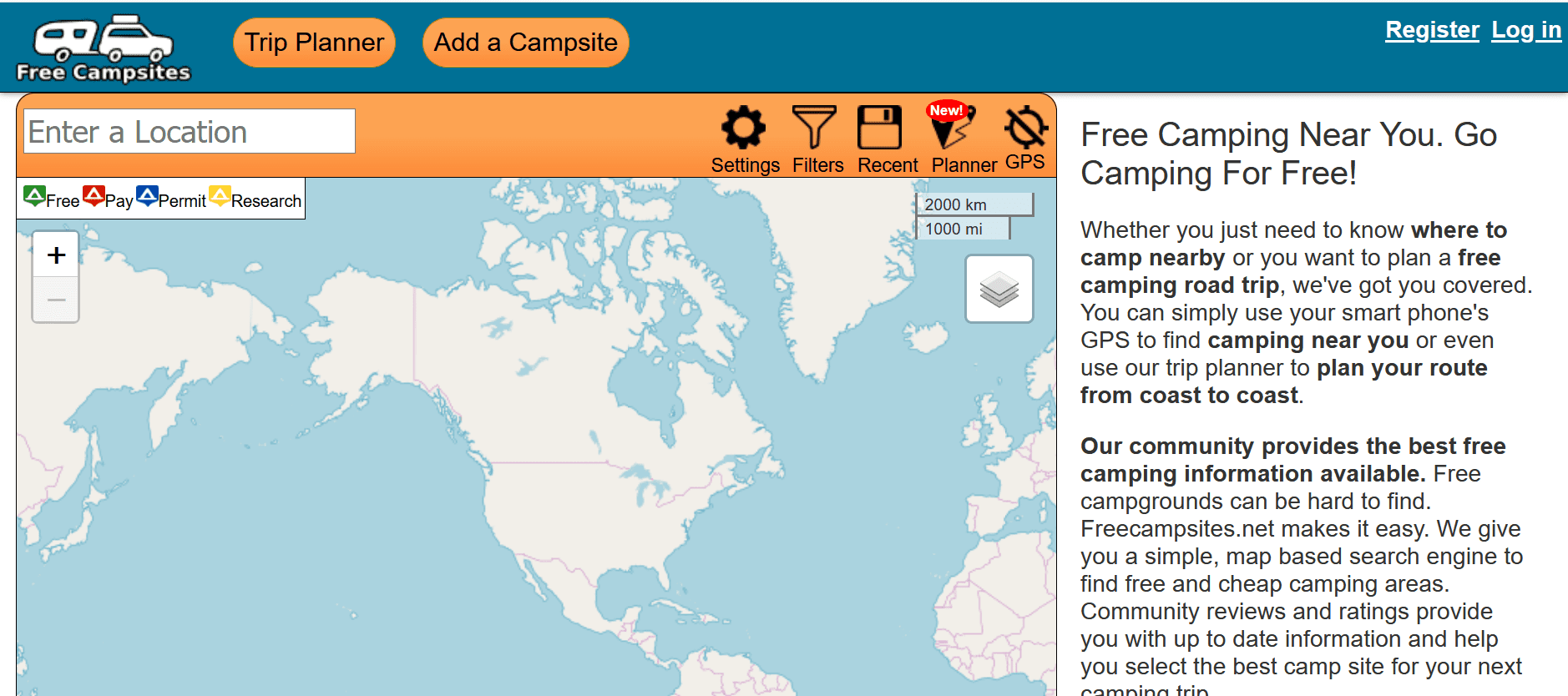 Freecampsites.net is a free camping and road trip planning app
