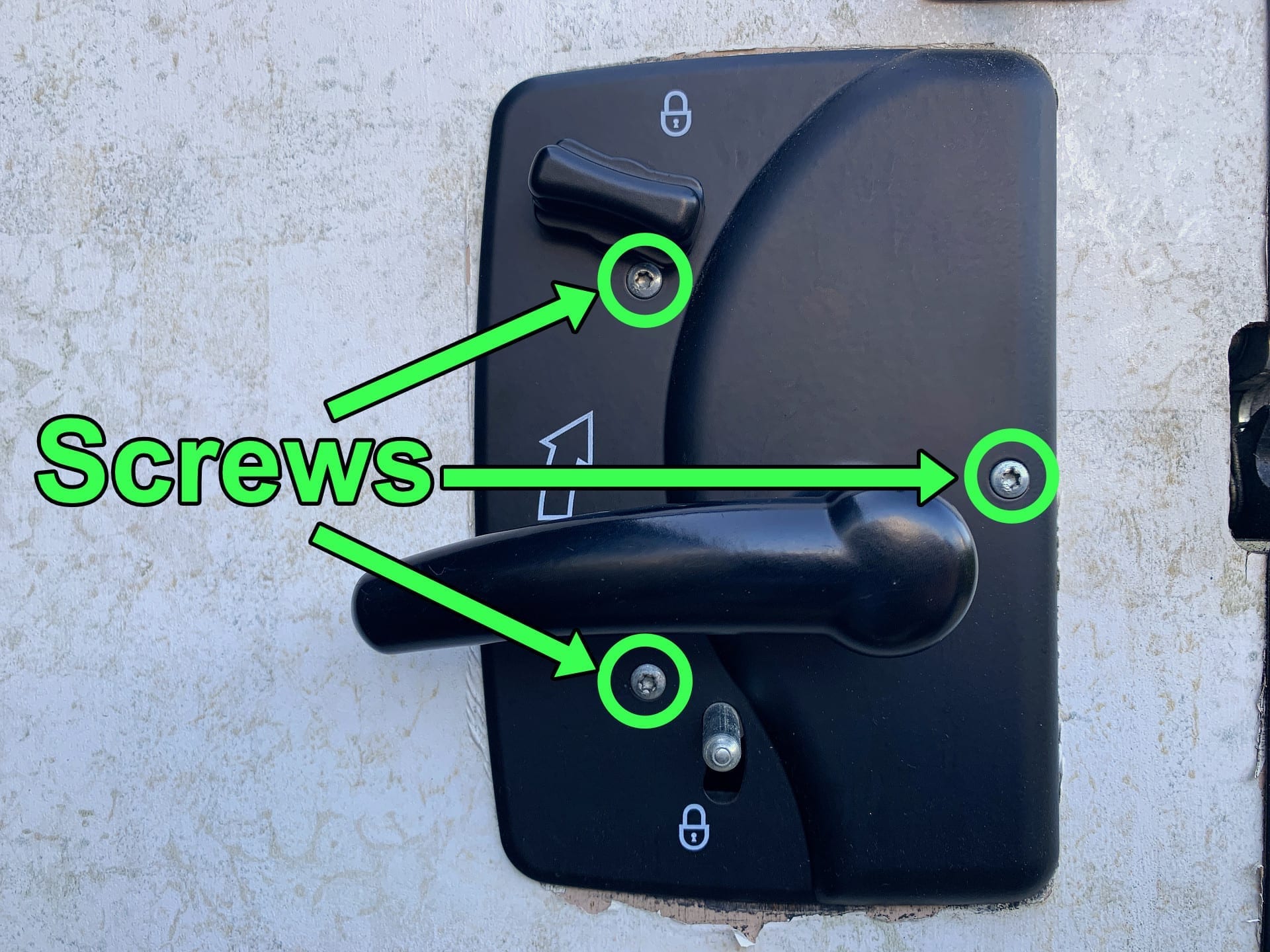 Screw locations for removing your RV door latch for repair or replacement
