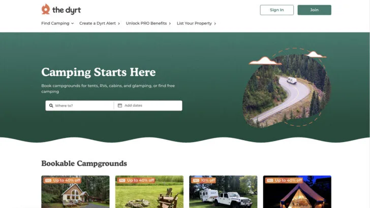 The Dyrt offers information on camping, RVing, and glamping sites.