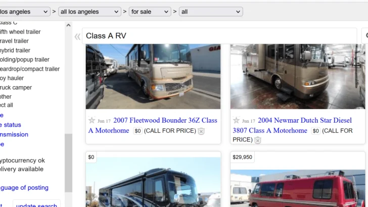 Craigslist search for used Class A RVs