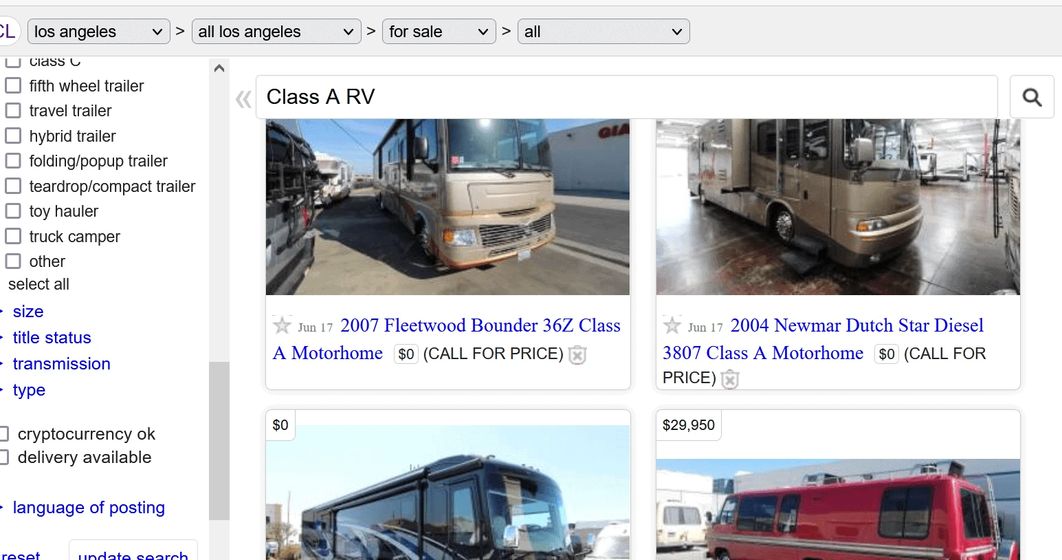 Craigslist search for used Class A RVs