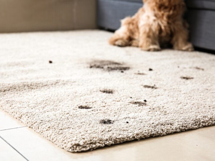 Dirty dog paw prints tracked across a rug