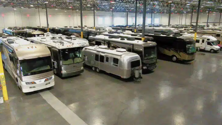 Rows of motorhomes stored indoors