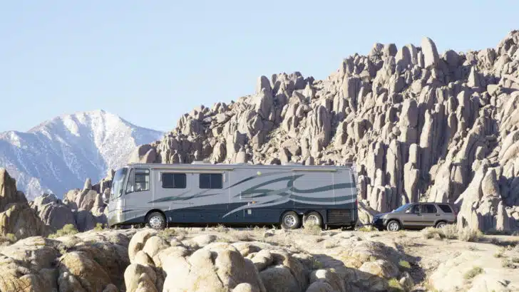 RVgeeks boondocking in the remote area of Trona Pinnacles.