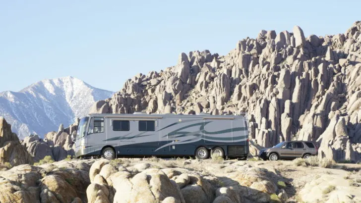 RVgeeks boondocking in the remote area of Trona Pinnacles.