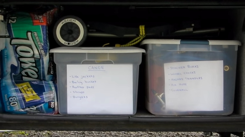 Hand-printed lists of contents in storage bins of RV basement storage compartment