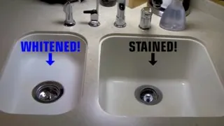 Two Corian sinks side-by-side, one cleaned and one stained