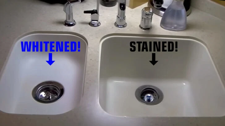 Two Corian sinks side-by-side, one cleaned and one stained