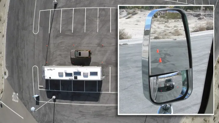 Car pulling up alongside the RV, with mirror sights.