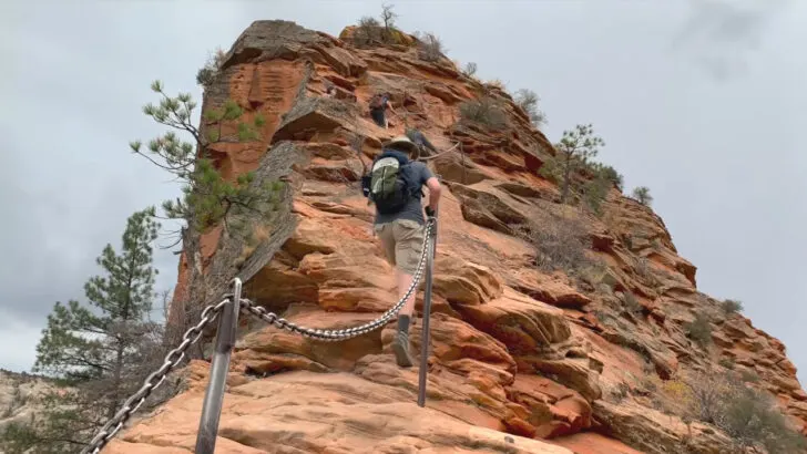 John navigating the chains on the way to the summit of the Angels Landing hike