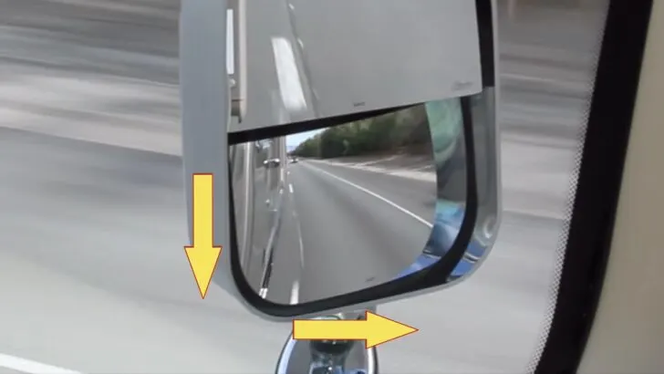 Yellow arrows depicting how to adjust your RV convex mirrors down and out