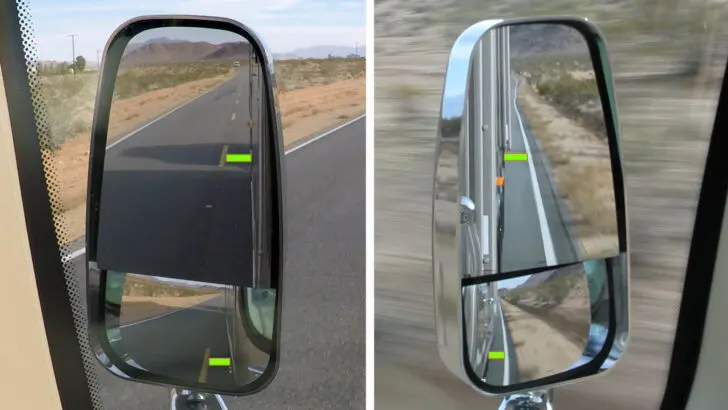 Flat and convex mirrors adjusted to offer information about lane position.