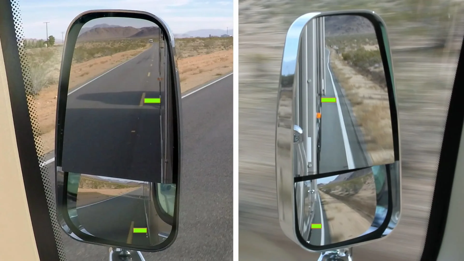 Flat and convex mirrors adjusted to offer information about lane position.