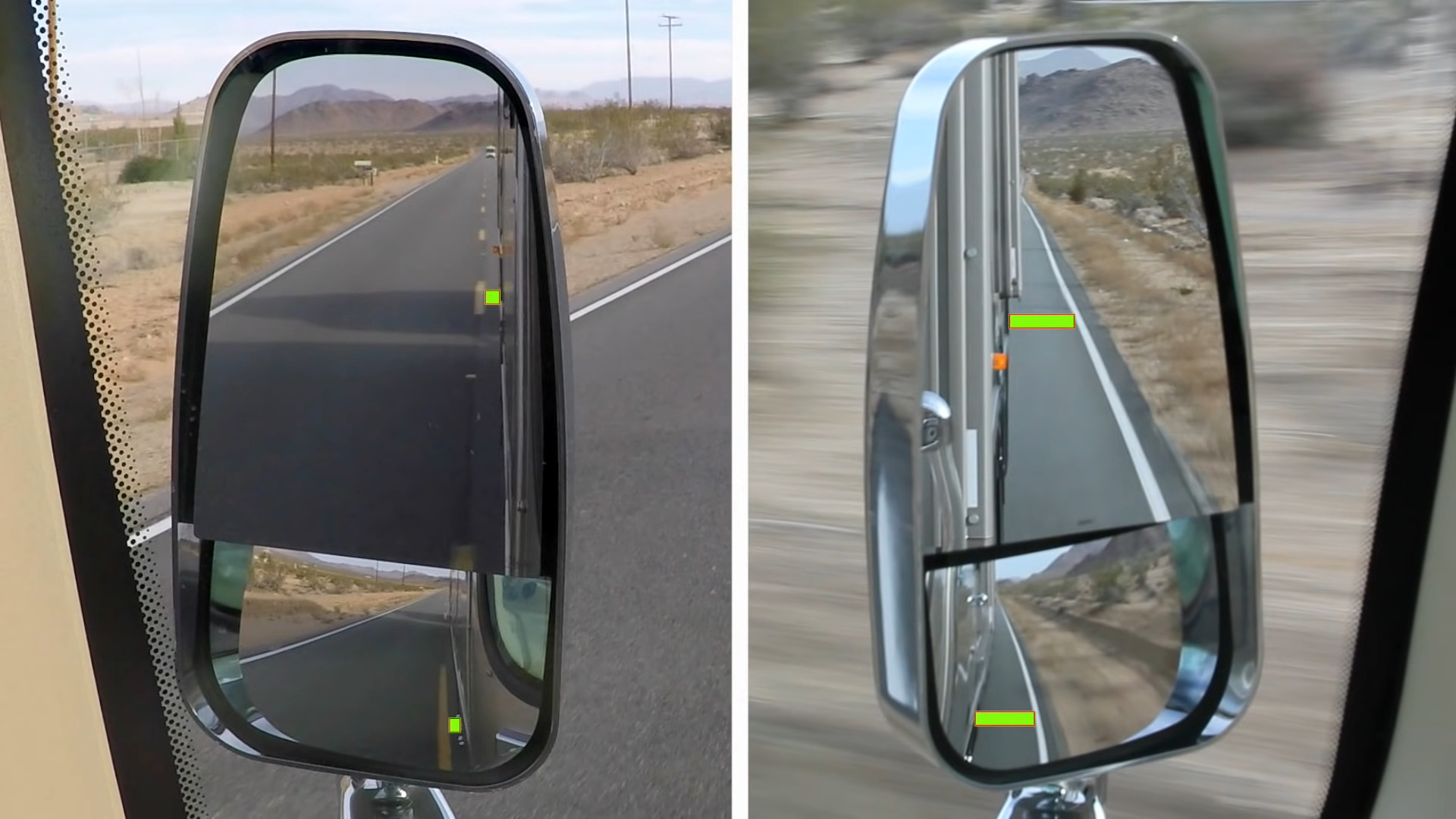 RV mirrors showing RV drifting off center