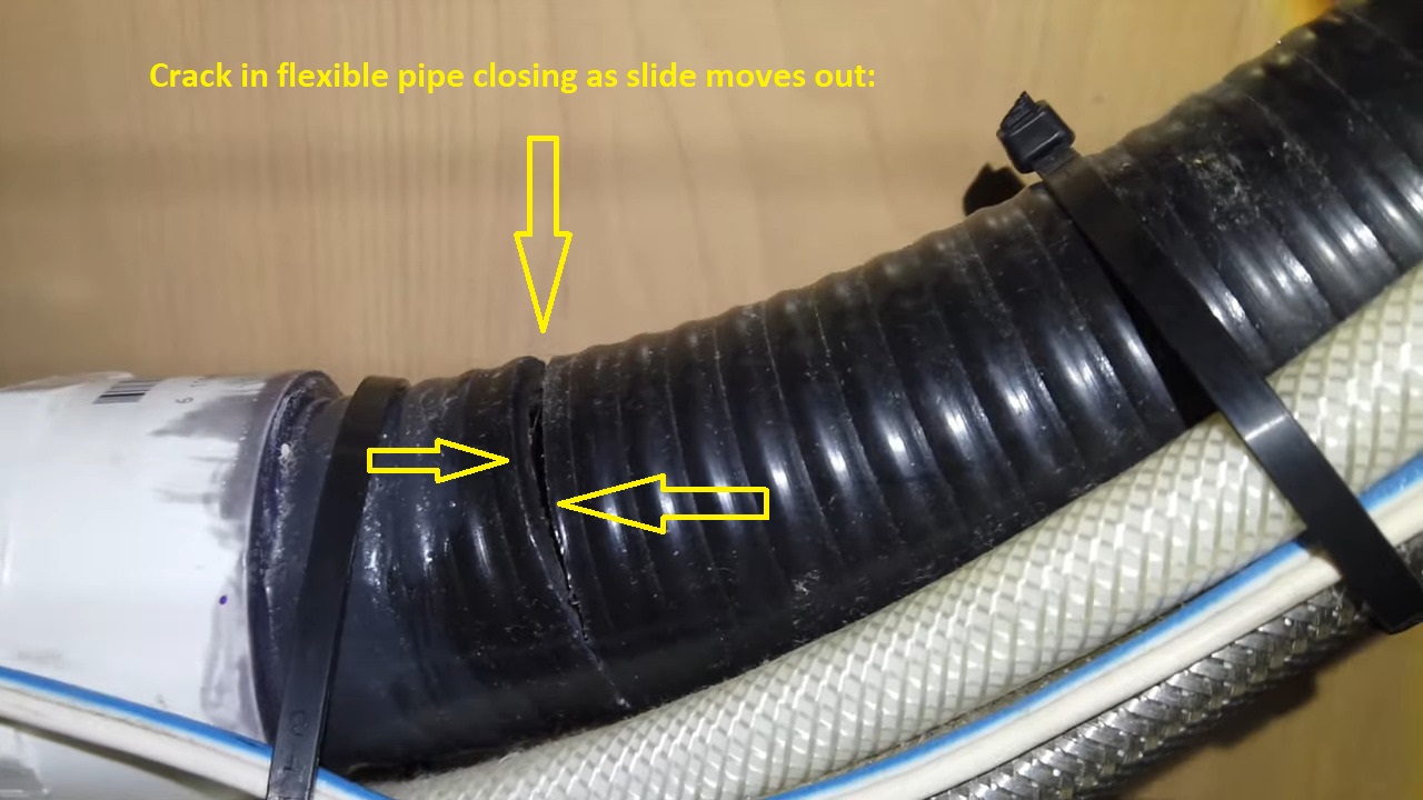 When retracting our slide, the flexible pipe would bend and open a crack that allowed gray water tank odor in RV