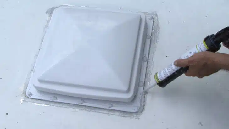 applying sealant around the perimeter of the new vent fan