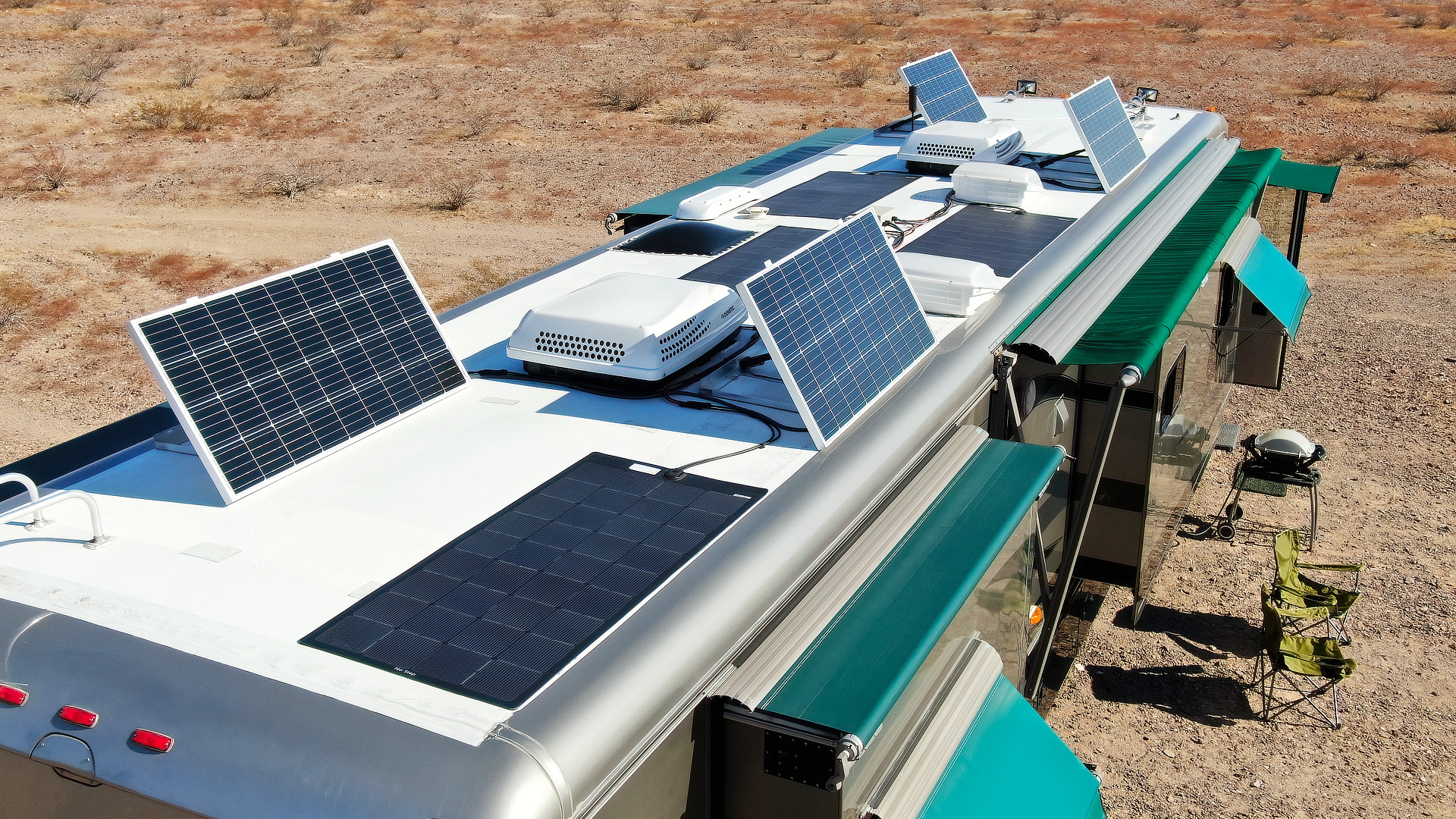 Photo of The RVgeeks' solar array powering the RV during an awesome boondocking experience, saving on our full-time RV living expenses