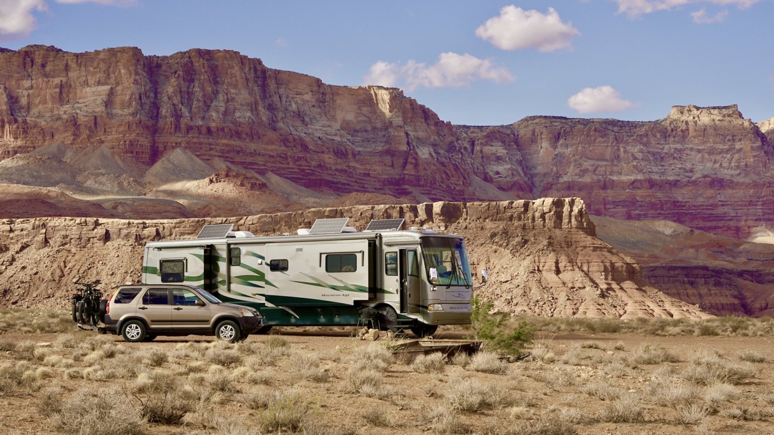 RVgeeks big rig RV at a remote desert campsite