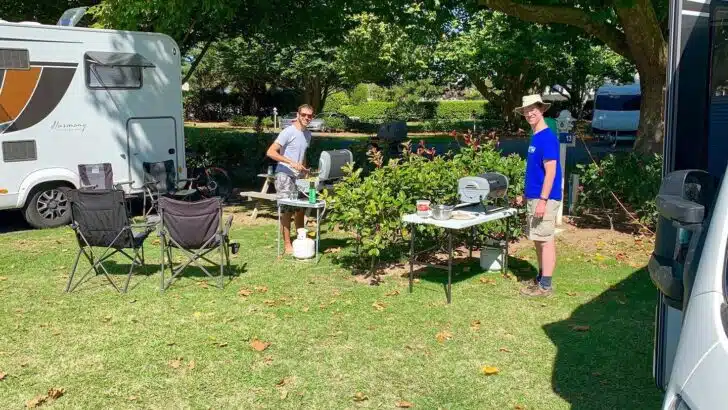 Cooking at side-by-side campsites with friends.