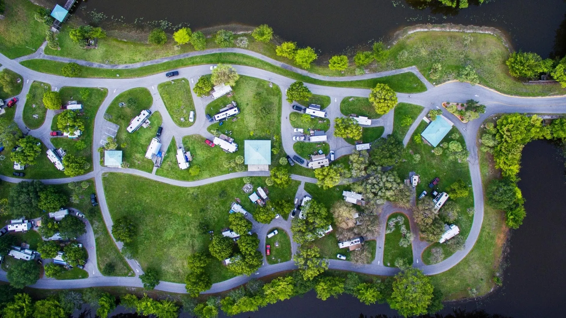 Aerial view of RV park.