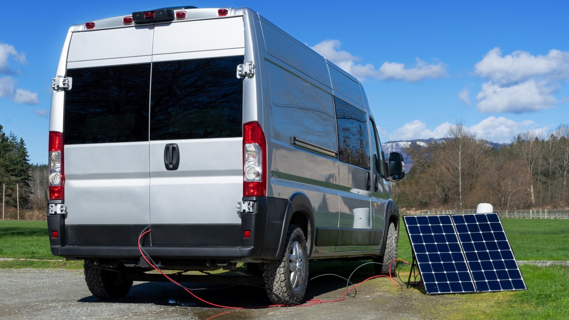 A solar panel set outside in the sun to power an RV