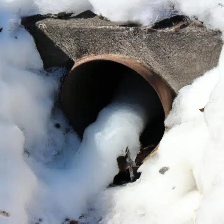 A sewer pipe with frozen water inside