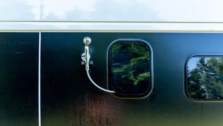 RV outdoor showers can be created in a variety of ways.