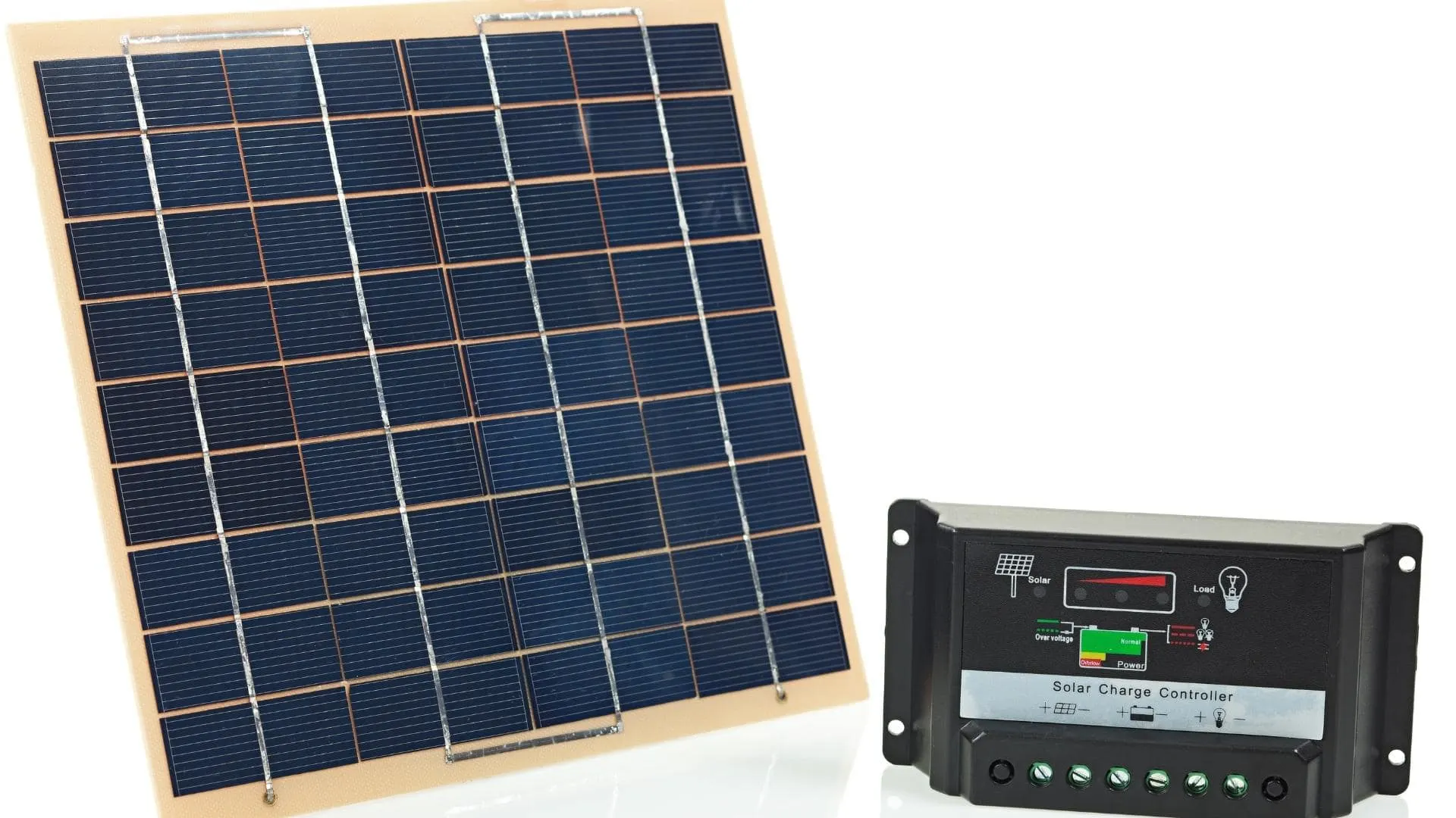 Photo of a solar panel and a solar charge controller