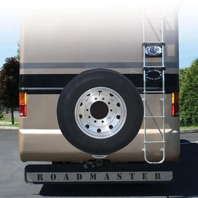 A Roadmaster RV spare tire mount on a Class A motorhome
