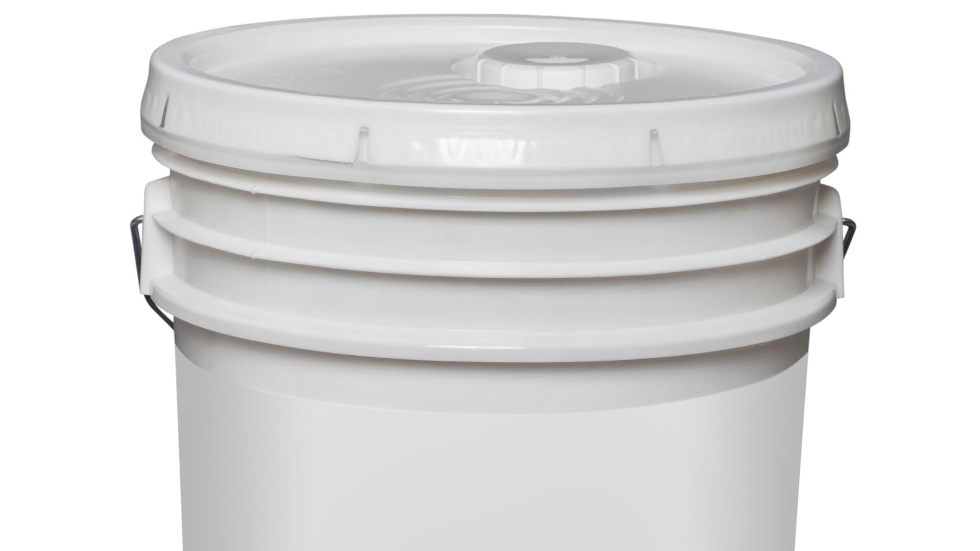 Photo of a 5-gallon bucket with a snap-on lid as an RV sewer hose storage option