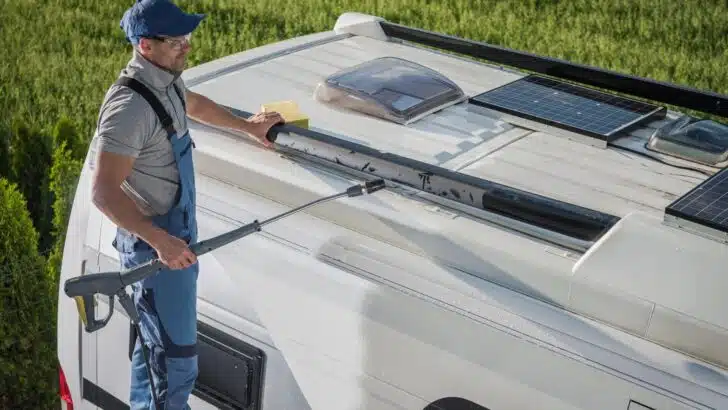 A man climbing a ladder to his RV roof