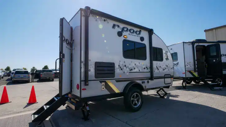 A photo of a small R-Pod camper with classic curved end