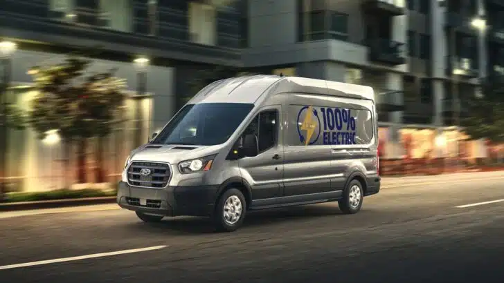 Photo of the Ford Transit Electric on the road at night