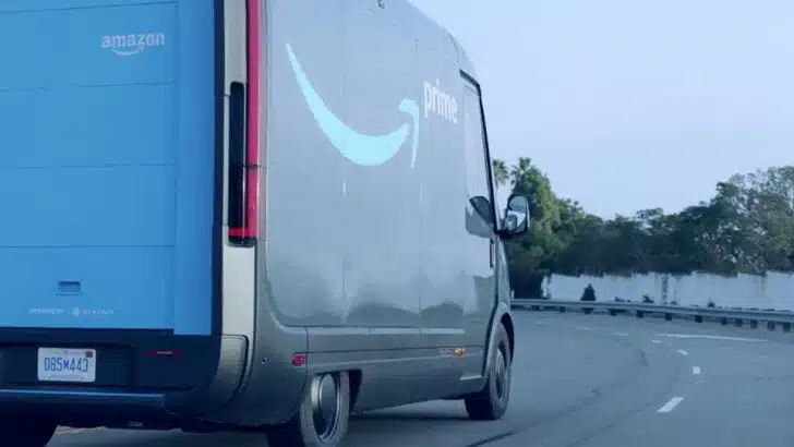 Photo of an all-electric Amazon delivery truck built by Rivian