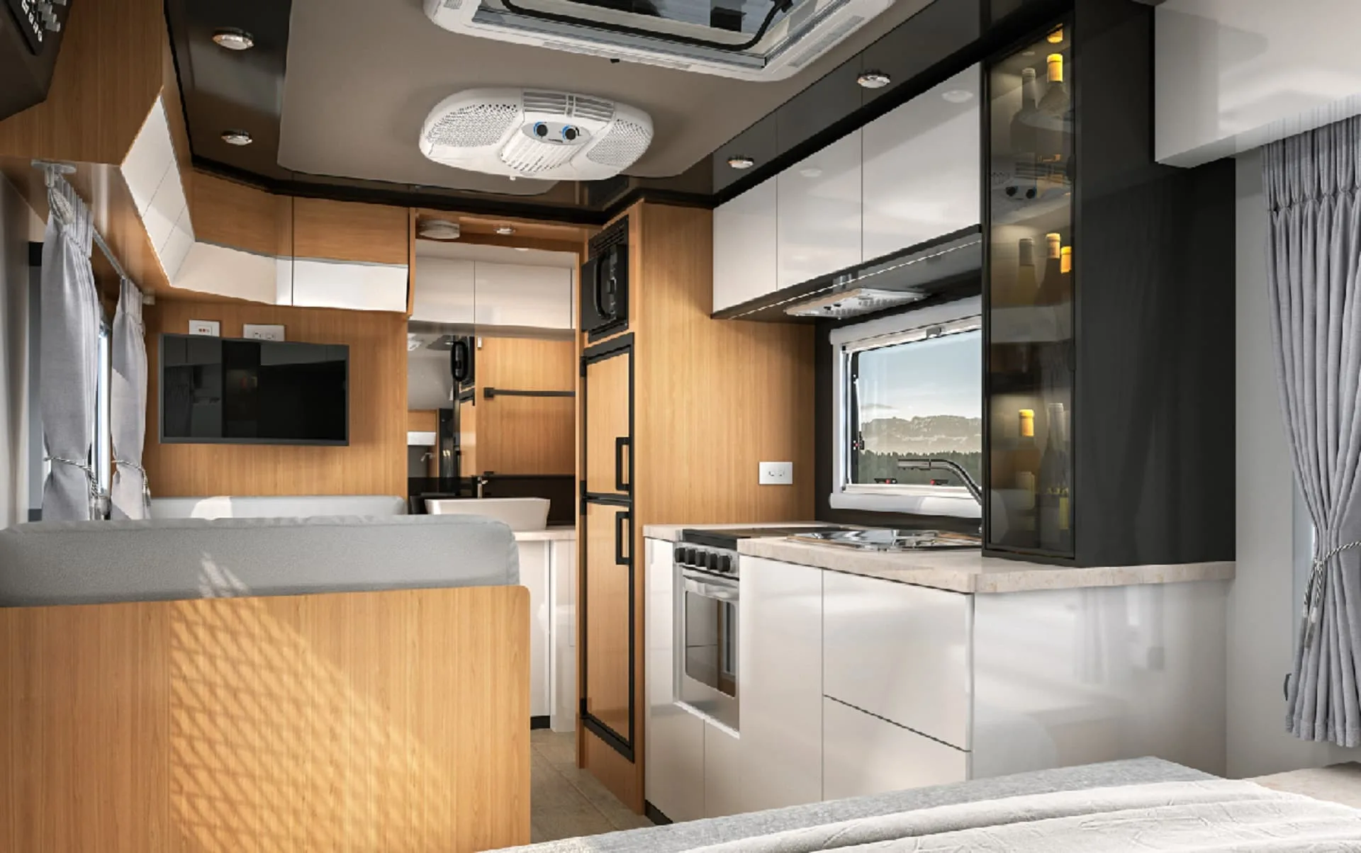 Photo of the interior (kitchen area) of a Black Series camper