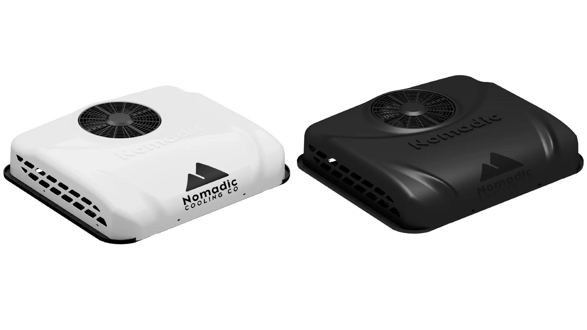 Photos of the white and black versions of the Nomadic Cooling 2000 12V RV air conditioners