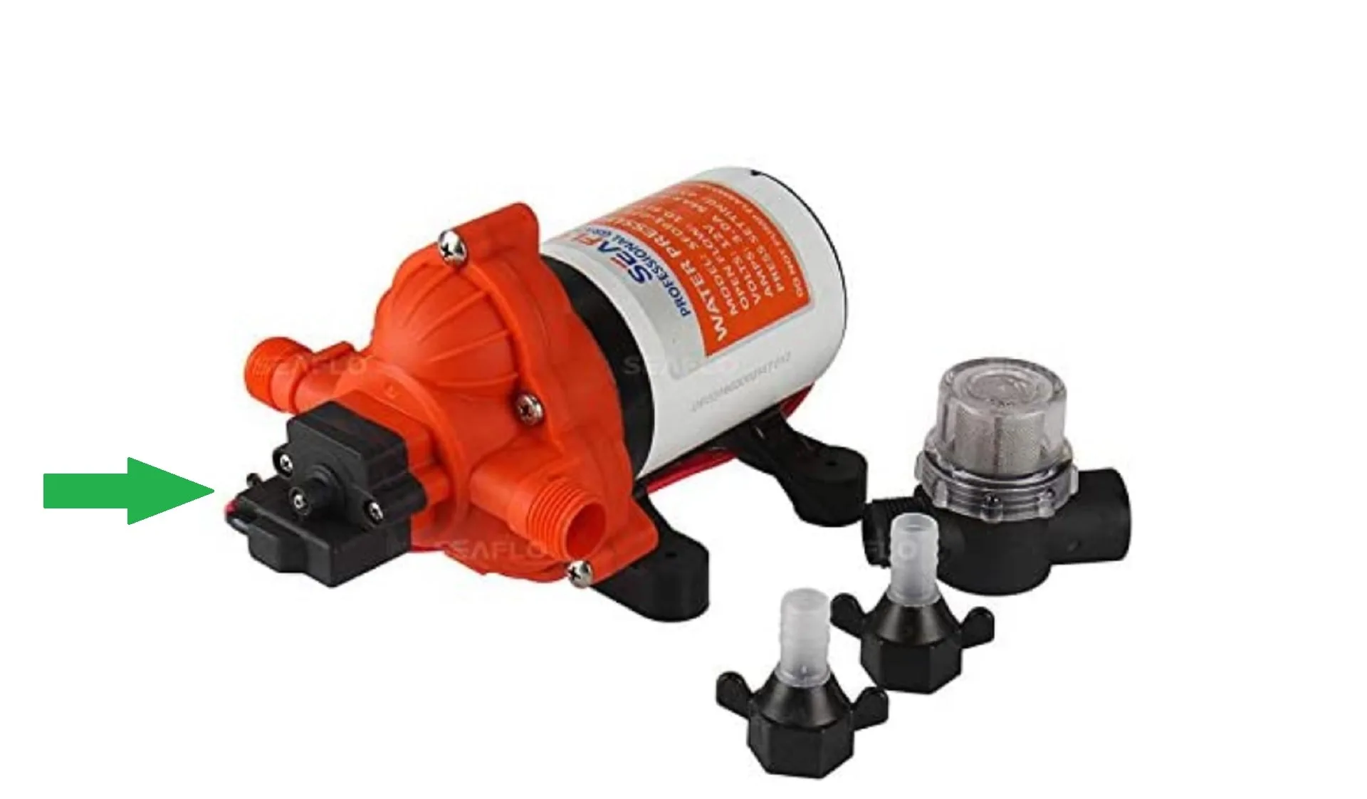 Photo of a Seaflo water pump with an adjustable pressure switch to stop RV water pump pulsing