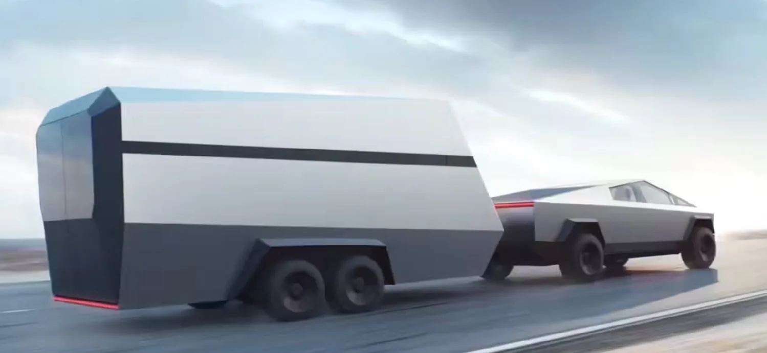 Photo rendering of the CyberLandr camper towed by the Tesla CyberTruck