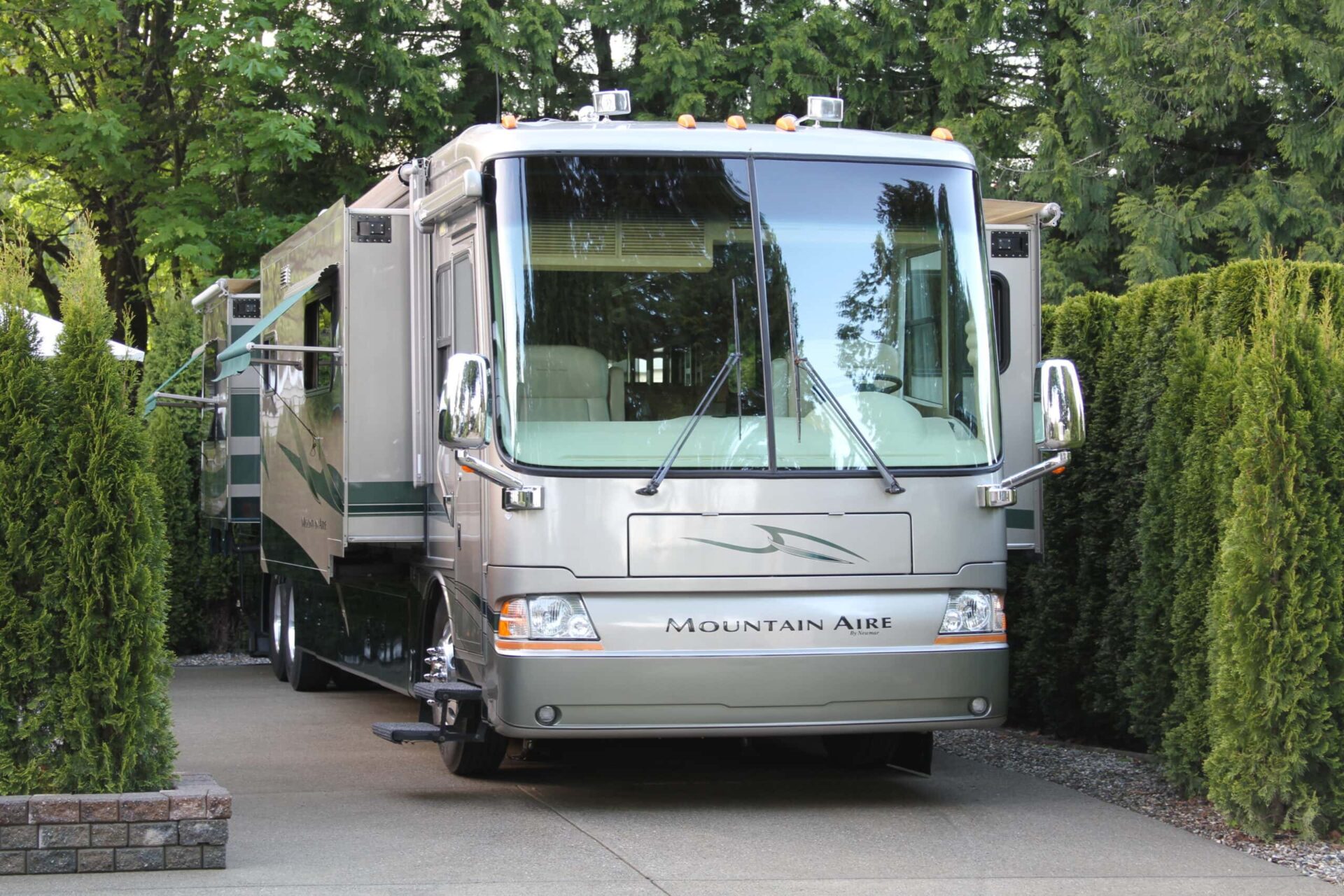 The RVgeeks' motorhome parked on their property in British Columbia