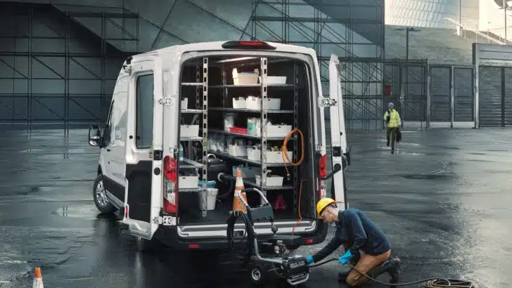 Photo of a Ford e-Transit on a job site carrying tools and supplies