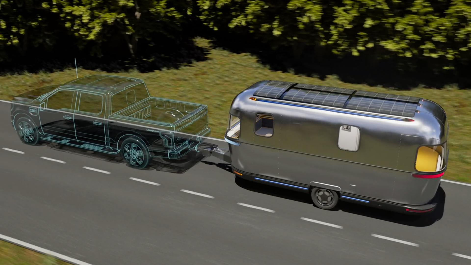 Mockup of the Airstream eStream on the road, pulled by a pickup truck