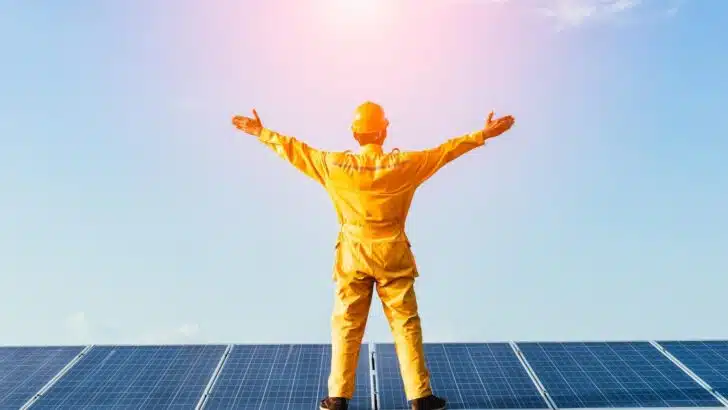 Photo of a solar technician standing on a solar panel array welcoming the power of the sun