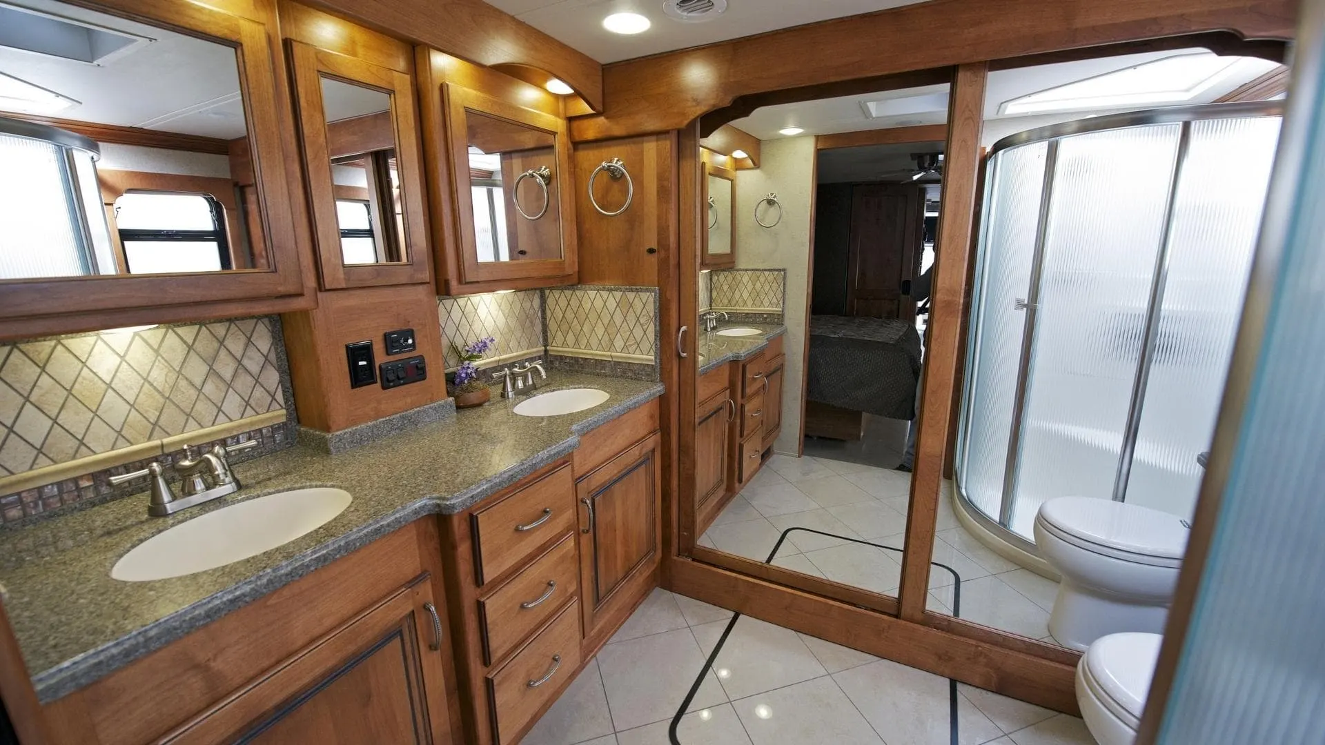 Photo of a luxurious RV bathroom in a diesel pusher motorhome